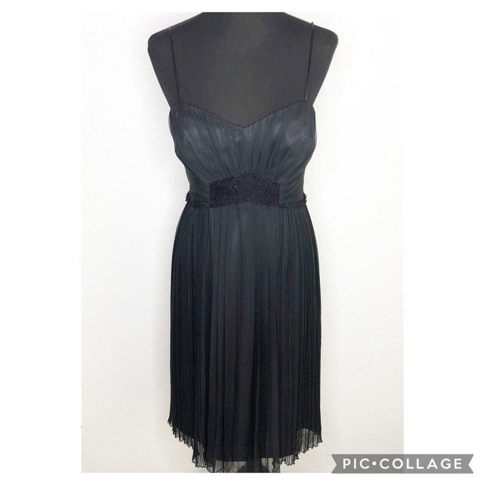 Laundry by Shelli Segal black beaded pleated silk midi dress size 8 NWT
